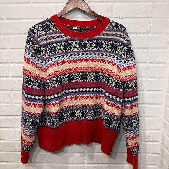JCrew Fair Isle Crewneck Lambs Wool Blend Sweater 2X Red Navy Winter Christmas - Picture 6 of 16